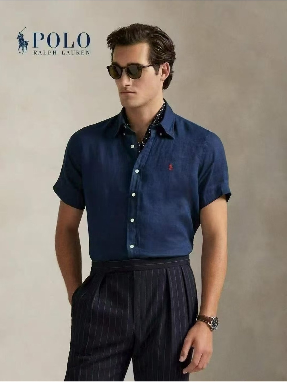 NWT Polo Ralph Lauren Men’s Navy Blue Short-Sleeve Button-Down Linen Shirt S